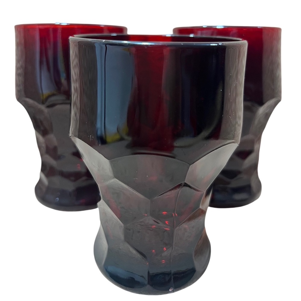 Vintage Anchor Hocking Ruby Red Glass Faceted Geometric Juice Glasses Set of 3